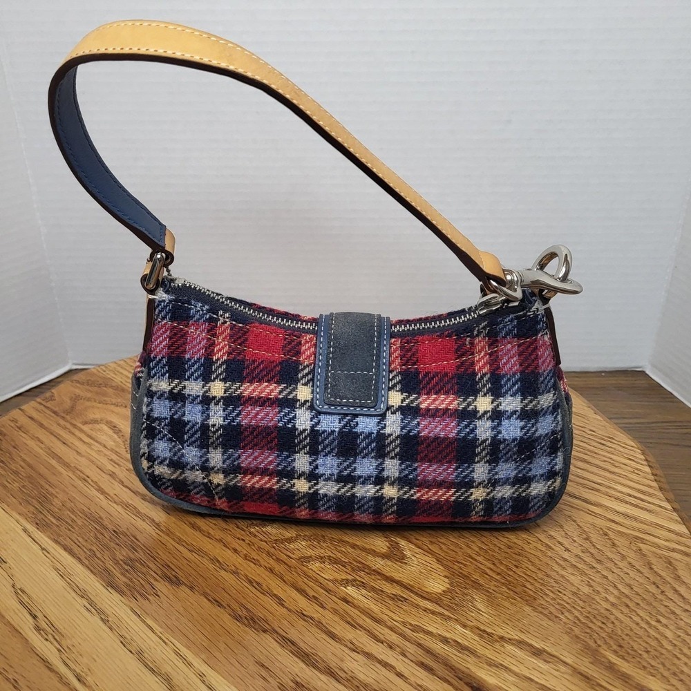 Coach Red and Navy Plaid Wool Satchel with Leather Trim - Picture 6 of 16